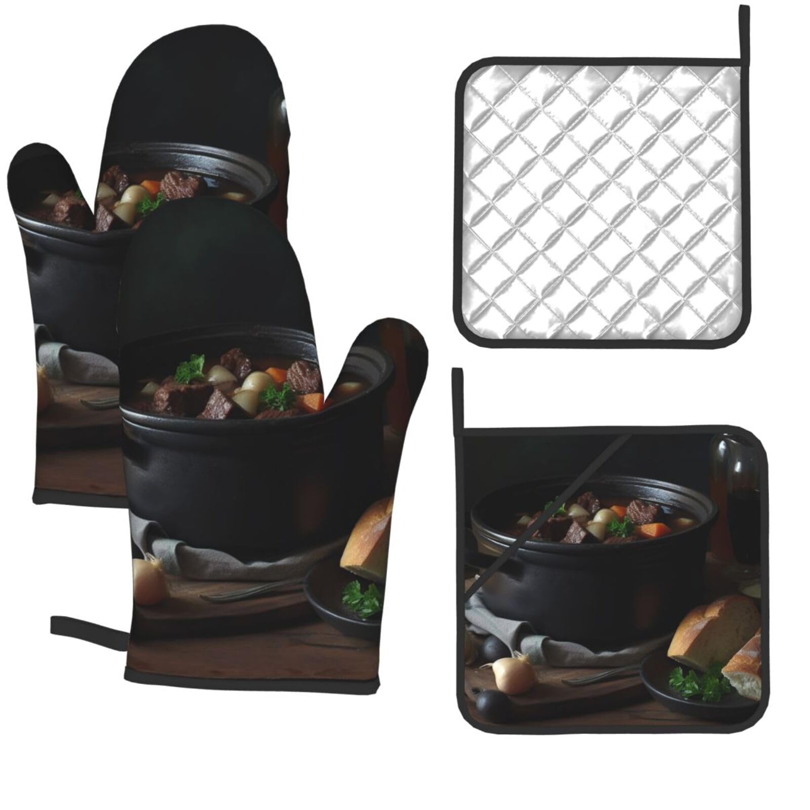 One Pot Gourmet Print Oven Mitts and Pot Holders Set 4 Pcs Heat Resistant Kitchen Oven Gloves Potholders Extra Thicken Long Kitchen Gloves and Hot Pads for Cooking Baking Grilling