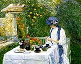 WONDERFULITEMS Canvas French Tea Garden The Terre-Cuite Tea Set Woman Sewing 1910 Impressionism Painting by Childe Hassam 11" x 14" Image Size Art Repro on Canvas Shipped Rolled-up. PEROLA193