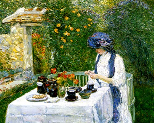 WONDERFULITEMS Canvas French Tea Garden The Terre-Cuite Tea Set Woman Sewing 1910 Impressionism Painting by Childe Hassam 11" x 14" Image Size Art Repro on Canvas Shipped Rolled-up. PEROLA193