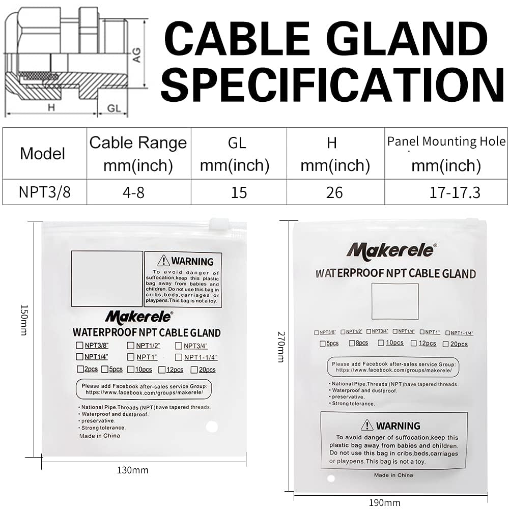 MAKERELE NPT 3/8 Zoll graue Nylon-Kabelverschraubungen, IP68 wasserdicht Zugentlastungskabelverbinder