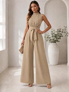 Womens Wide Leg Sleeveless Stand Collar Beaded Detail Belted Jumpsuit
