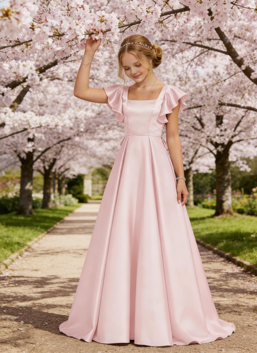 Maxianever Junior Bridesmaid Dress for Wedding Satin Ruffle Sleeve A-Line Formal Gown for Teen Girls
