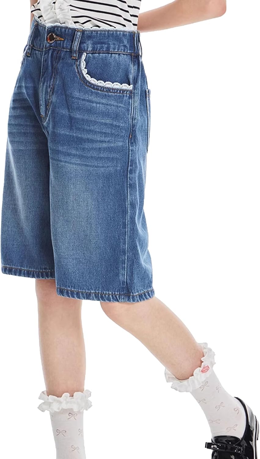 Tengo Girls High Waist Elastic Jean Shorts Bow-Tied Loose Wide-Leg Girl's Denim Shorts 5-14Y - Image 3