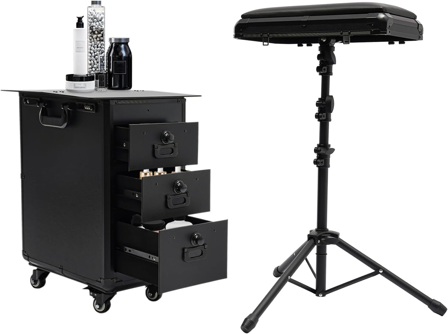 Professional Rolling Cosmetology Case with 3 Drawers, Tattoo Artist's Mobile Workstation, Adjustable Rod & Combo Lock, Durable Acrylic Panel for Hairstylist Manicure Salon Barber, Black