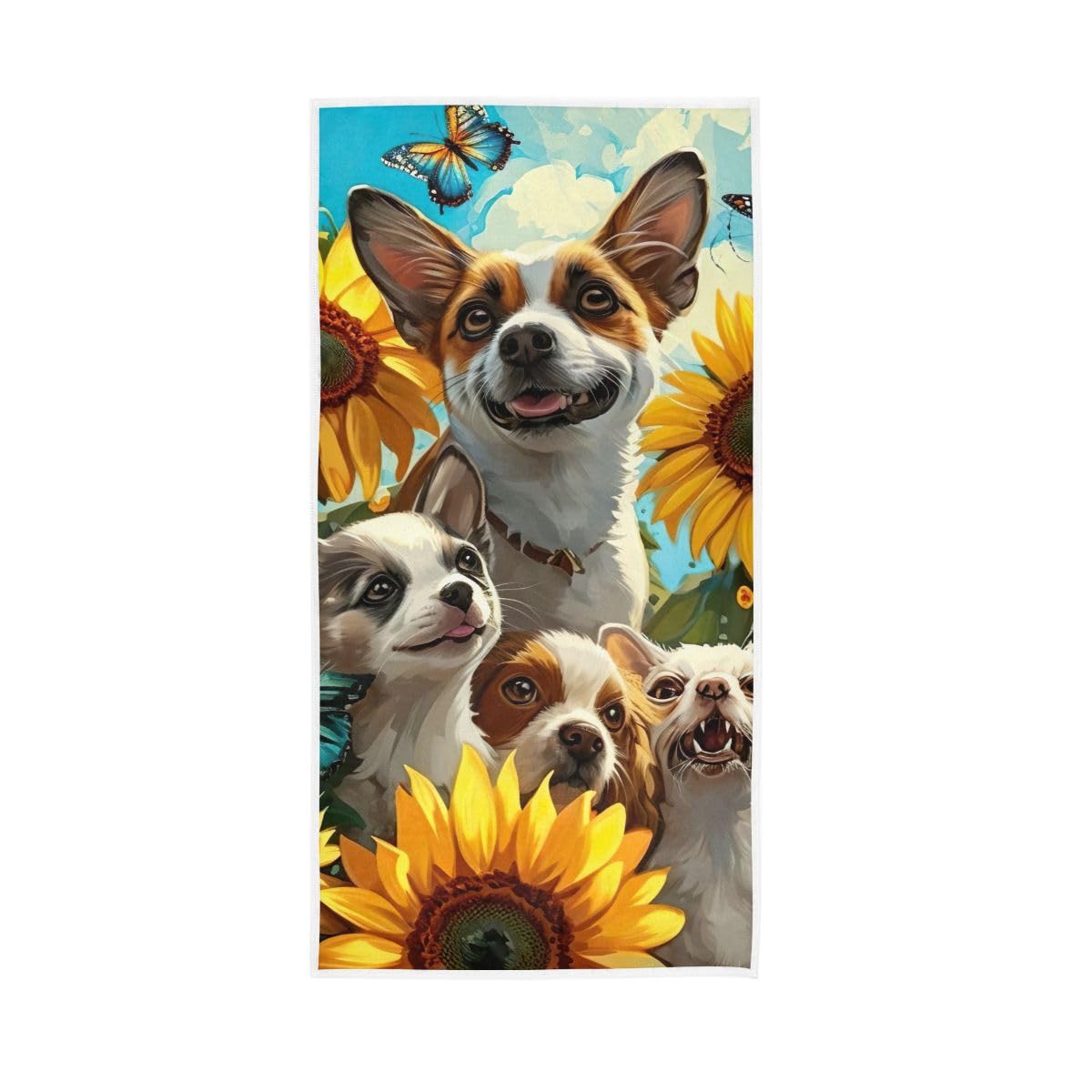 LSRCPD Dogs Butterflies Sunflowers Hand Towels, Multipurpose Shower Towels for Hand, Face, Hair, Bath 15 x 30 Inches