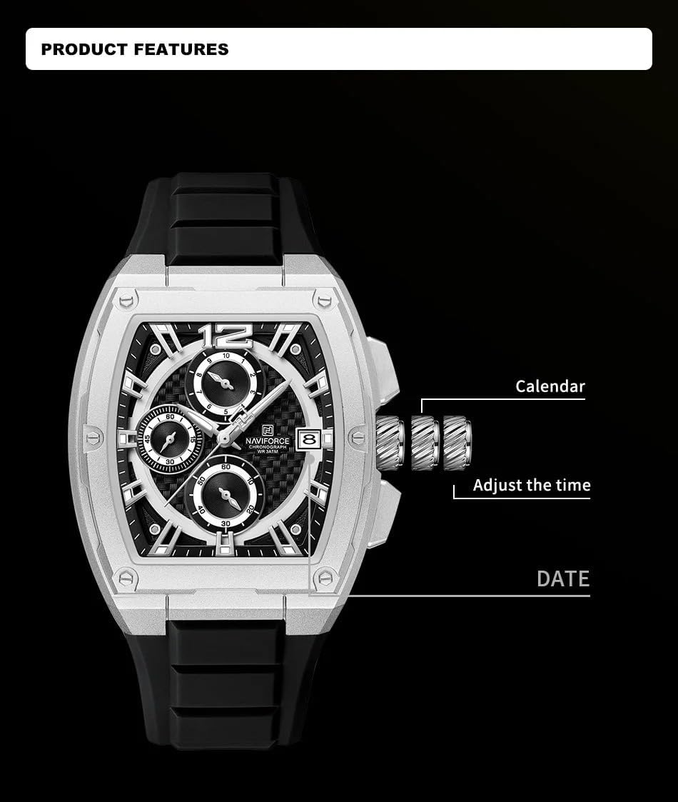 NAVIFORCE Waterproof Chronograph Sport Watch for Men, with Auto Date Women Quartz Wrist Watches, Colorful Silicone Band