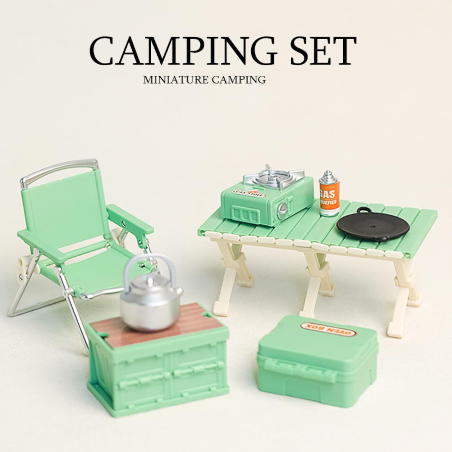 Set di 8 mini mobili da campeggio, in miniatura, set di mini tavoli da campeggio, sedie pieghevoli, fornello a gas, padella, contenitore per picnic, esterni, piccolo set da giardino