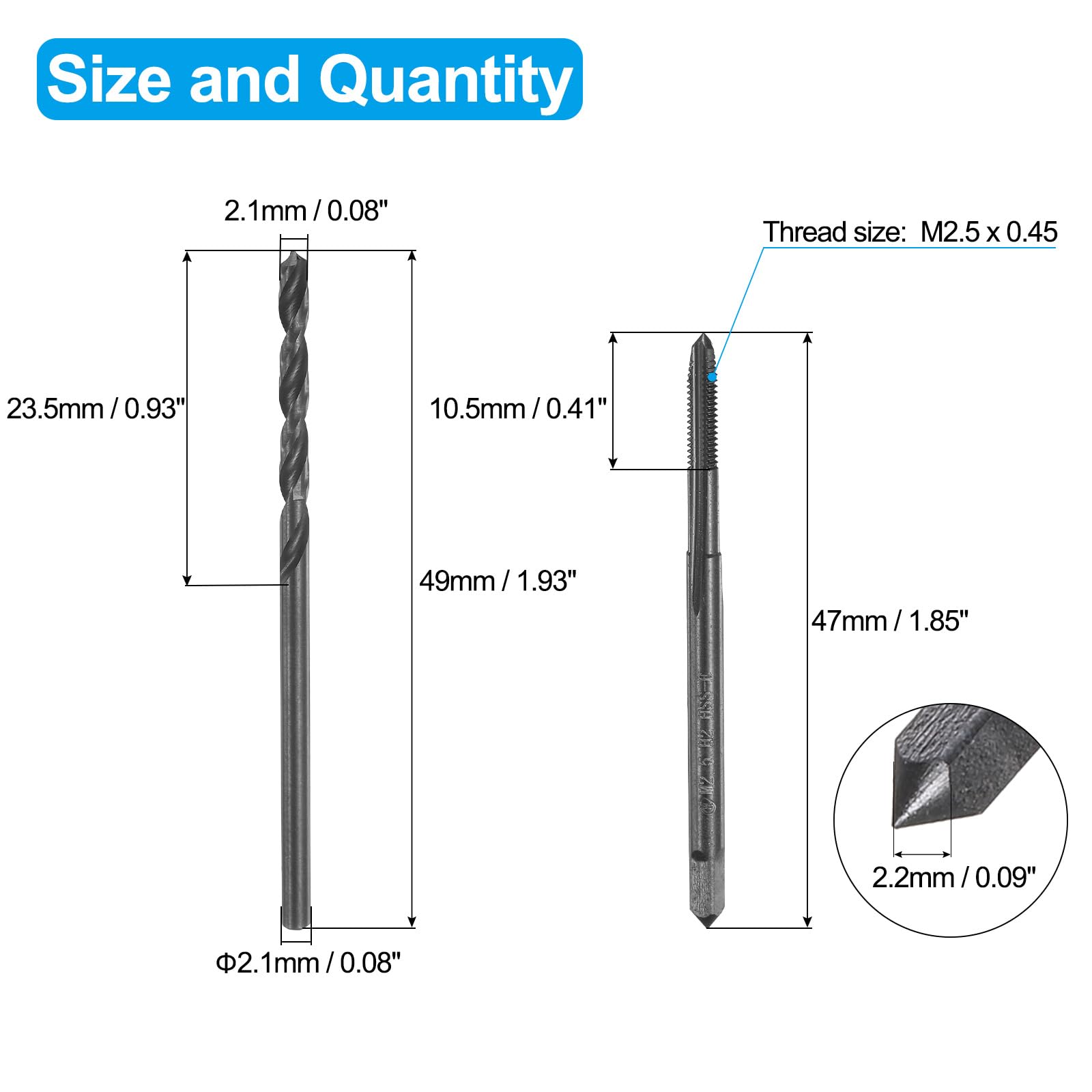Set di Maschi e Punte da Trapano, 1 Maschio per Filettatura metrica a scanalatura Dritta M2,5 x 0,45 e 1 Punta elicoidale da 2,1 mm, Kit di Utensili per Filettatura HSS-6542 in ossido Nero
