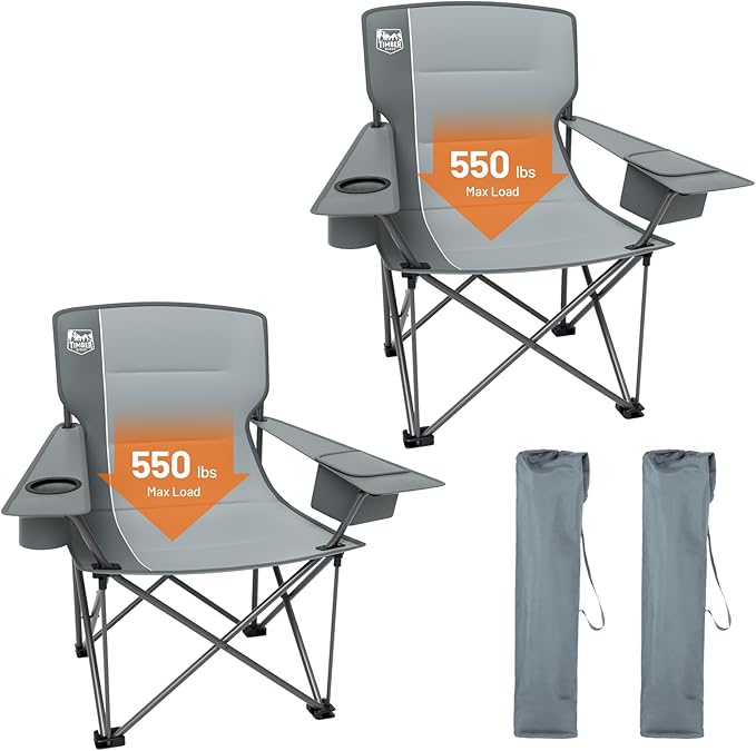 TIMBER RIDGE Oversized Folding Camping Chair for Adults, Support 550 LBS Heavy Duty with Cup Holder Side Pocket for Camping, Lawn, Picnic, 2 Pack(Grey)