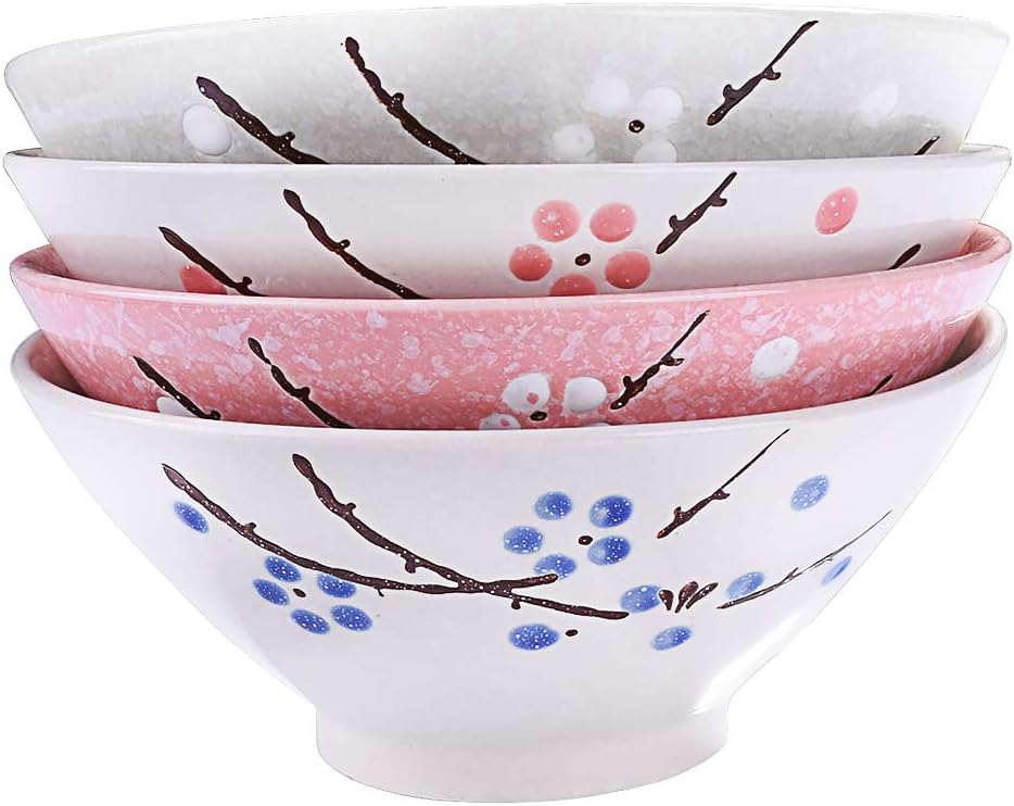 Whitenesser Japanese Ramen Bowls Set of 4 Color - Large 7 Inch - Japanese Plum Ceramic Bowls For Dessert Snack Cereal Soup Reman Noodle and Rice