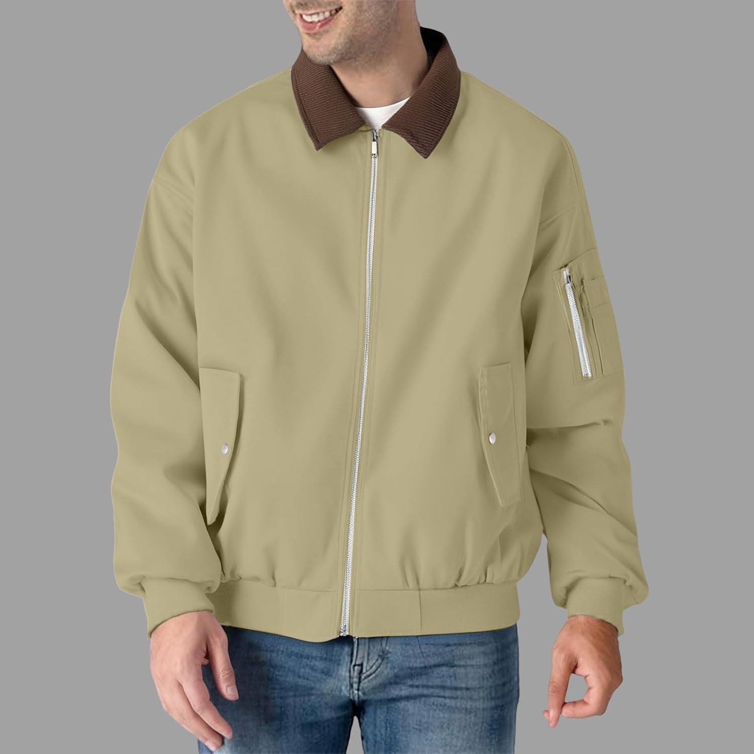 JOFOW Men's Bomber Jacket Long Sleeve Loose Fit Solid Lapel Collar Zipper Casual Athletic Coat