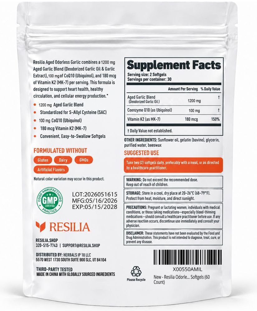 Resilia Odorless Aged Garlic Softgels (60 Count) | 1200mg Aged Garlic Per Serving | with CoQ10 Ubiquinol & Vitamin K2 (MK-7) | Dietary Supplement — Amazon image 2