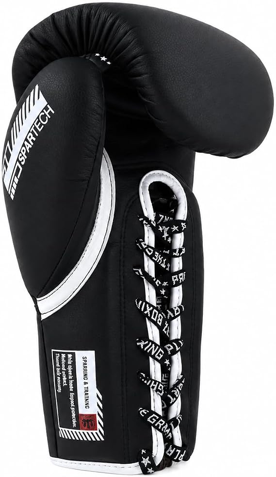 Playerz SparTech Lace Boxing Gloves - Dual-Layered Foam Padding, Premium Microfibre, Vegan-Friendly, Sizes 10oz-16oz, for Sparring, Pad Work, and Bag Training - Classic White/Black