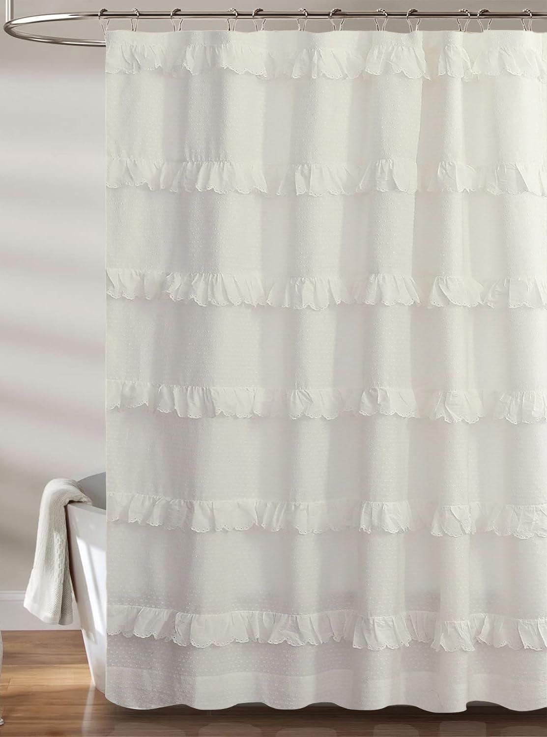 100% Recycled Cotton Multi Ruffle White Shower Curtain – Eco-Friendly, Lightweight Sustainable Fabric, Button Hole Semi Sheer Curtain for Bathroom, Durable & Washable, 72"x72"