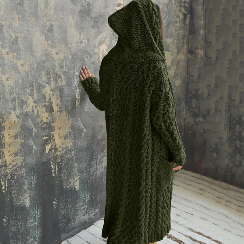 NIUBIA Womens Casual Long Sleeve Open Cardigan Warm Hooded Outwear Coat Cable Knit Long Cardigan Sweaters with Pockets - Image 4