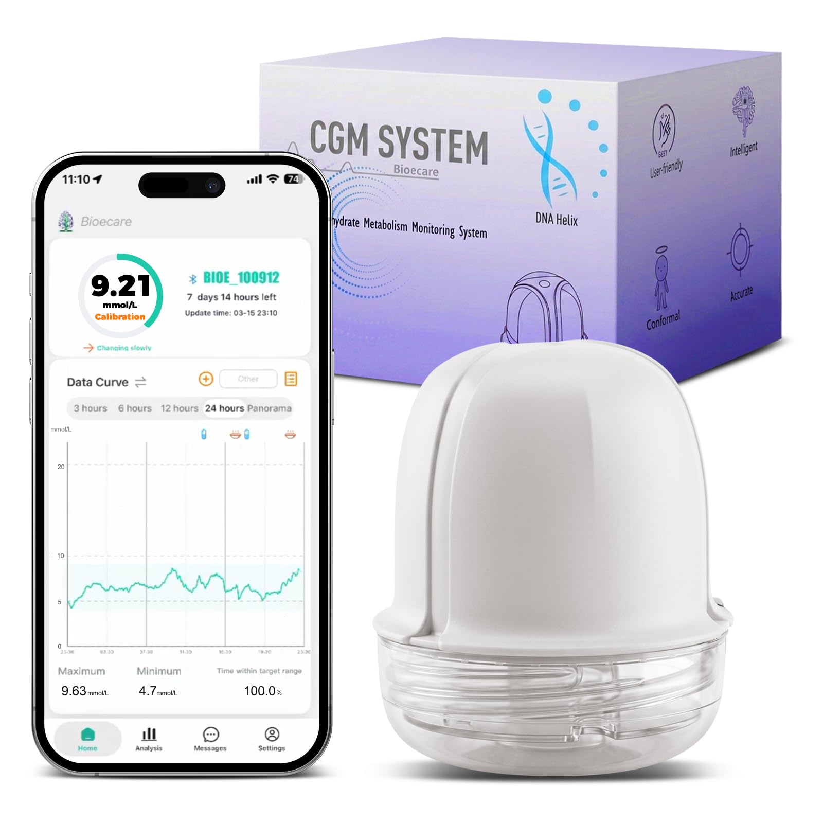 Monitor de glucosa sin pinchazos en los dedos, monitor de azúcar portátil, monitor continuo de glucosa, kit de prueba de azúcar compatible con iOS y Android