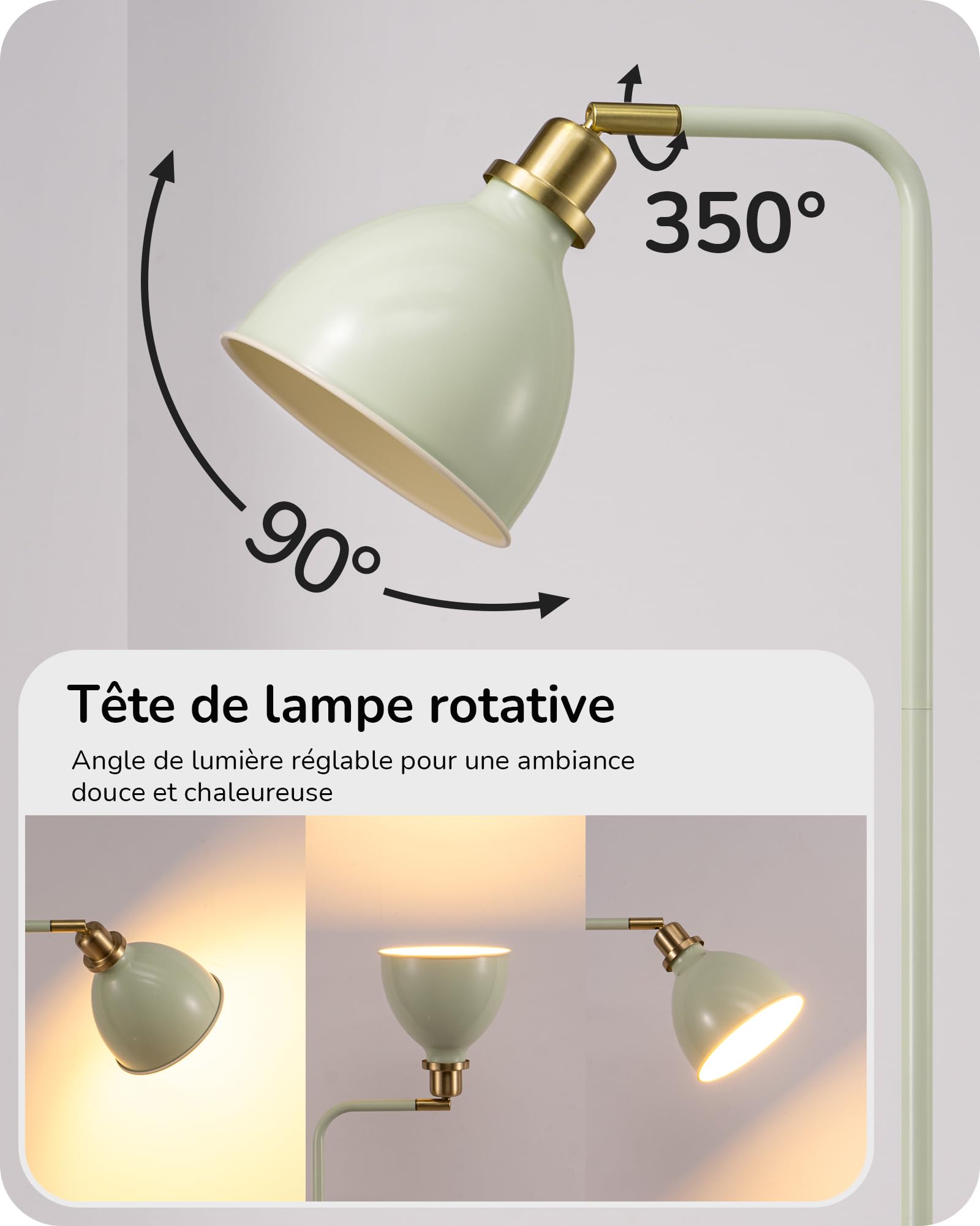 EDISHINE Lampadaire avec Tête en Métal Réglable, LED Incluse, Vert Clair