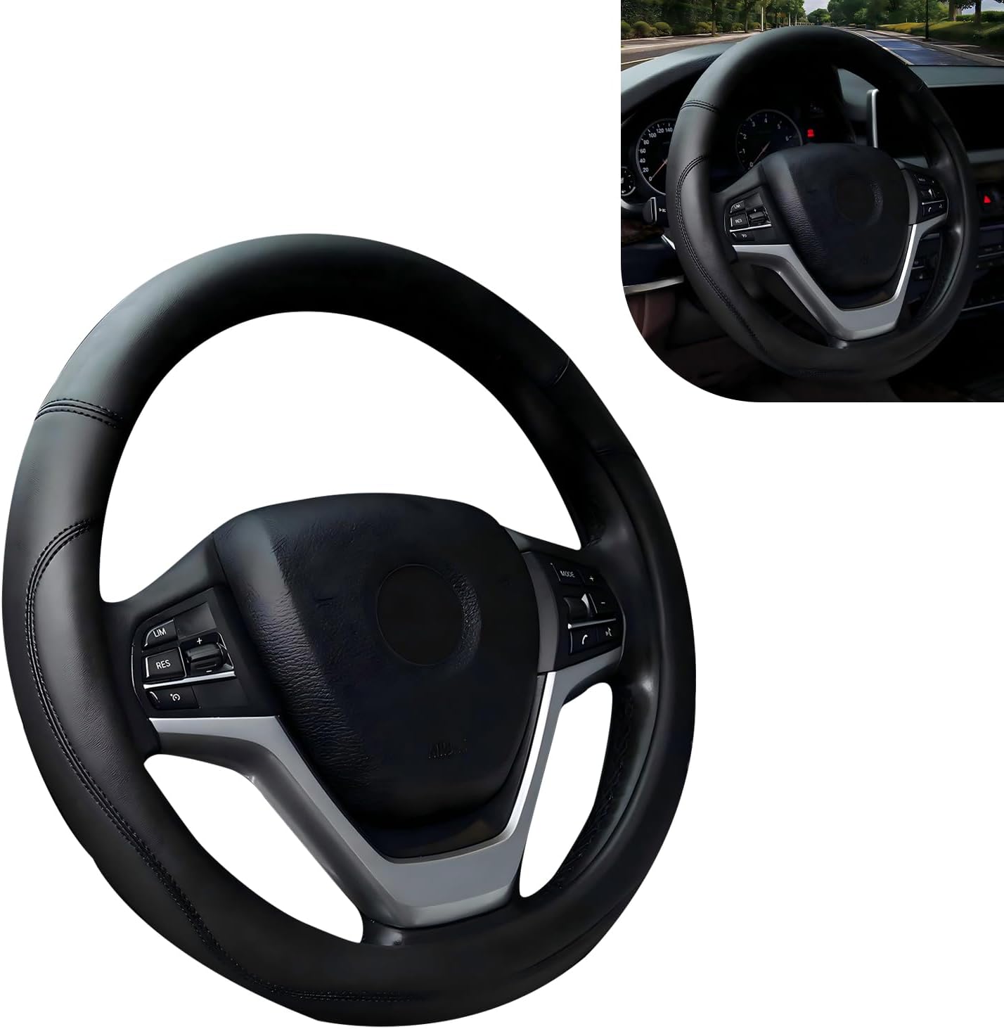 Car Steering Wheel Cover, Anti-slip Leather Steering Wheel Wrap, Auto Microfiber Wheel Protector Cover, Universal 15" Steer Accessories for Most Cars (Black)