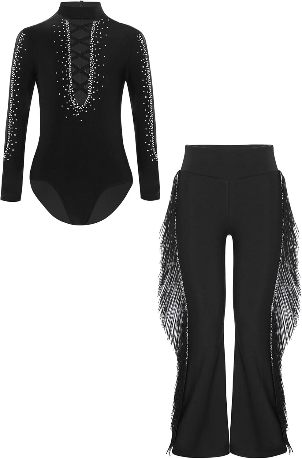 Kids Boys Latin Ballroom Dance Outfit Long Sleeve Shiny Gymnastics Leotard with Tassel Bell Bottom Pants