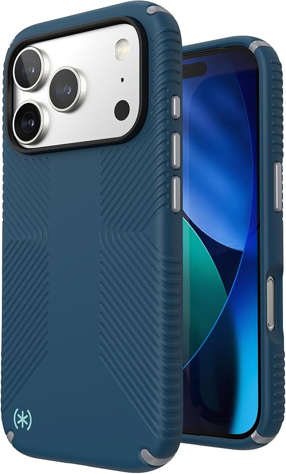 Speck PRESIDIO2 Grip for iPhone 17 Pro Case, Slim Protective Case, DEEP SEA/Silver Metallic/Spell Blue