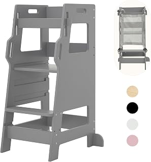 FUNLIO Kids Kitchen Step Stool with Safety Net, 3-Level Height Adjustable Toddler Stool Helper, Montessori Child Standing Tower, Kids Step Stool, Easy to Assemble, CPC Approved - Grey