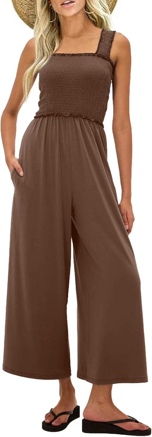 UNIANKIYA One Piece Sleeveless Square Neck Jumpsuits for Women Casual Wide Leg Long Pant Rompers Overalls Beach Vacation