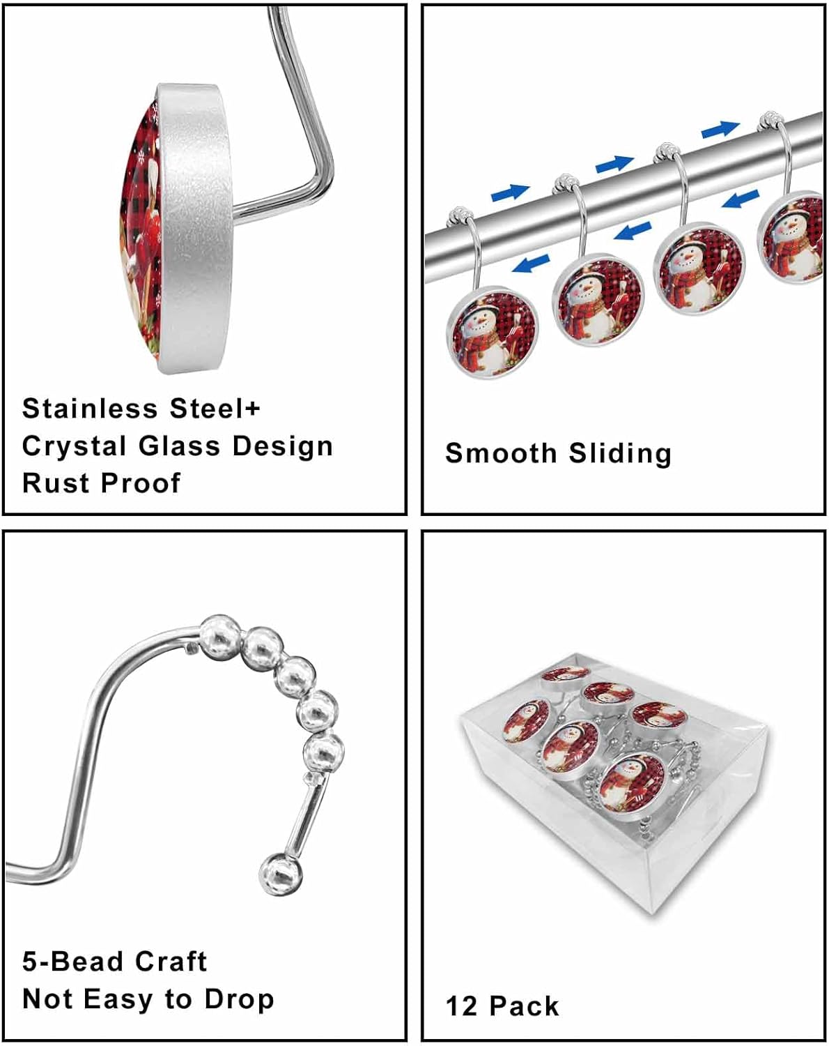 Shower Curtain Hooks 12 Pcs Christmas Xmas Snowman Lights Snowflakes Red Black Plaid Stainless Steel Rust Proof Rolling Shower Curtain Rings, Decorative Shower Curtain Hooks Hangers for Bathroom
