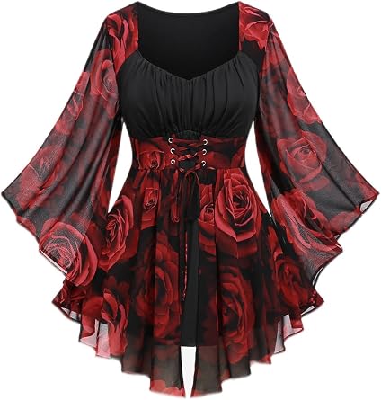 ROSE GAL Women Plus Size Romantic Gothic Lace-up Bell Sleeves Tee Flare Sleeves Renaissance Top Goth Costume Top