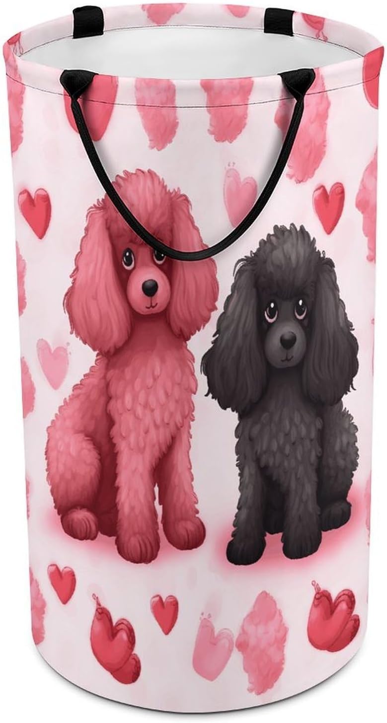 Pink Poodles Dogs Laundry Hamper with Handles Large Collapsible Laundry Basket Waterproof Freestanding Dirty Clothes Basket Portable Clothes Hamper for Bathroom Bedroom Daily Use