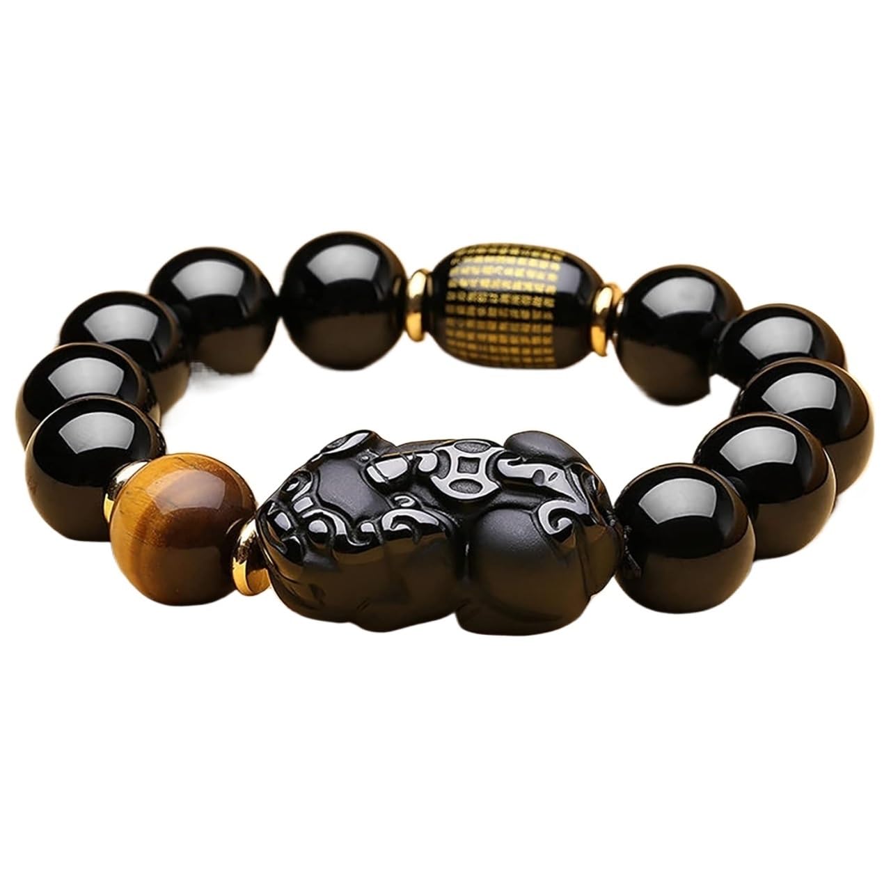 OIFAODAO Rosary bracelet, Wealth Double Obsidian Yellow Tiger Eye Ward-Off Evil Spirits(Single Pixiu-16mm)