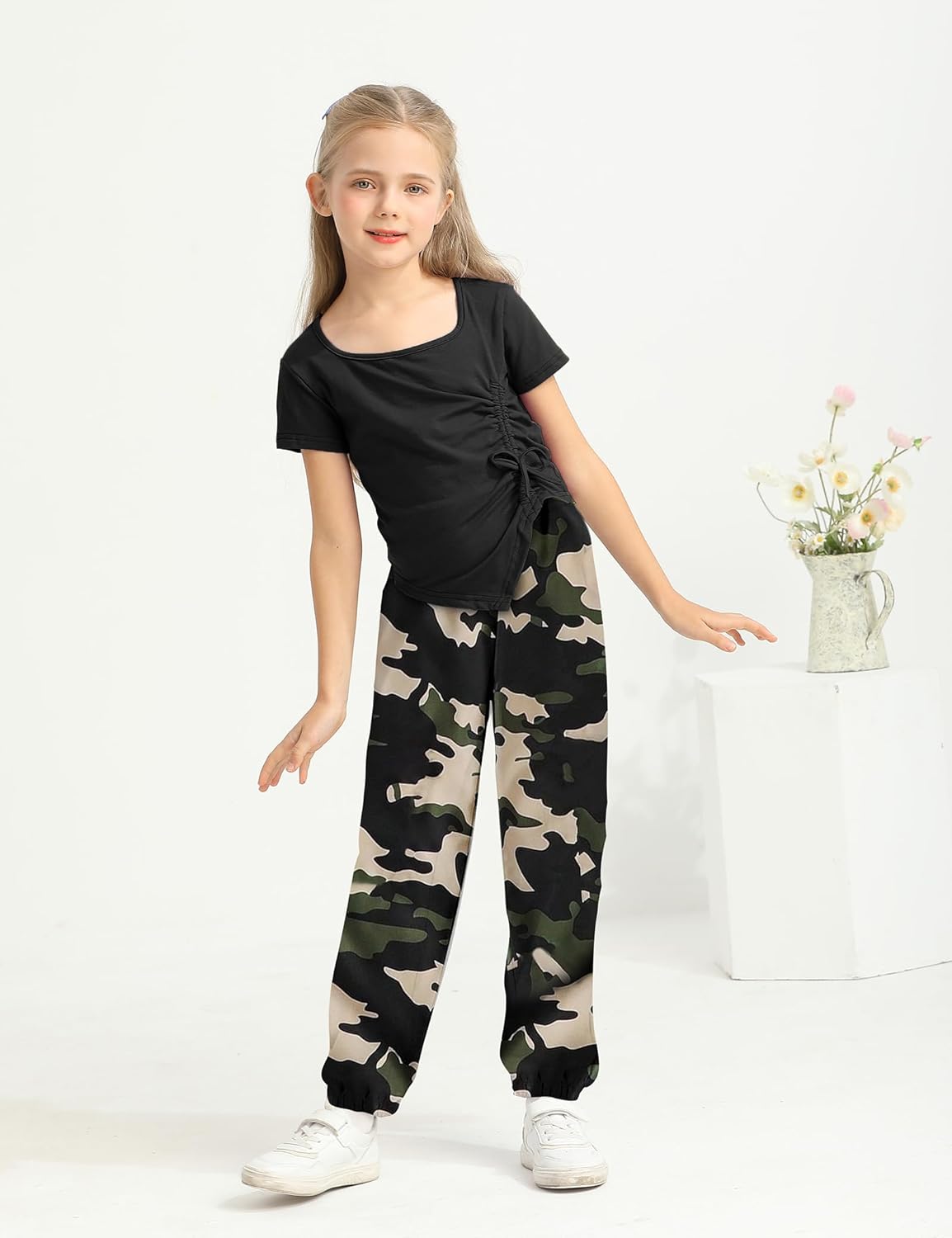 Girls Clothes Size 8 Irregular Ruched Drawstring Short Sleeve Top and Camouflage Pants 2Pcs Girls Camo Outfits Sets - Image 3
