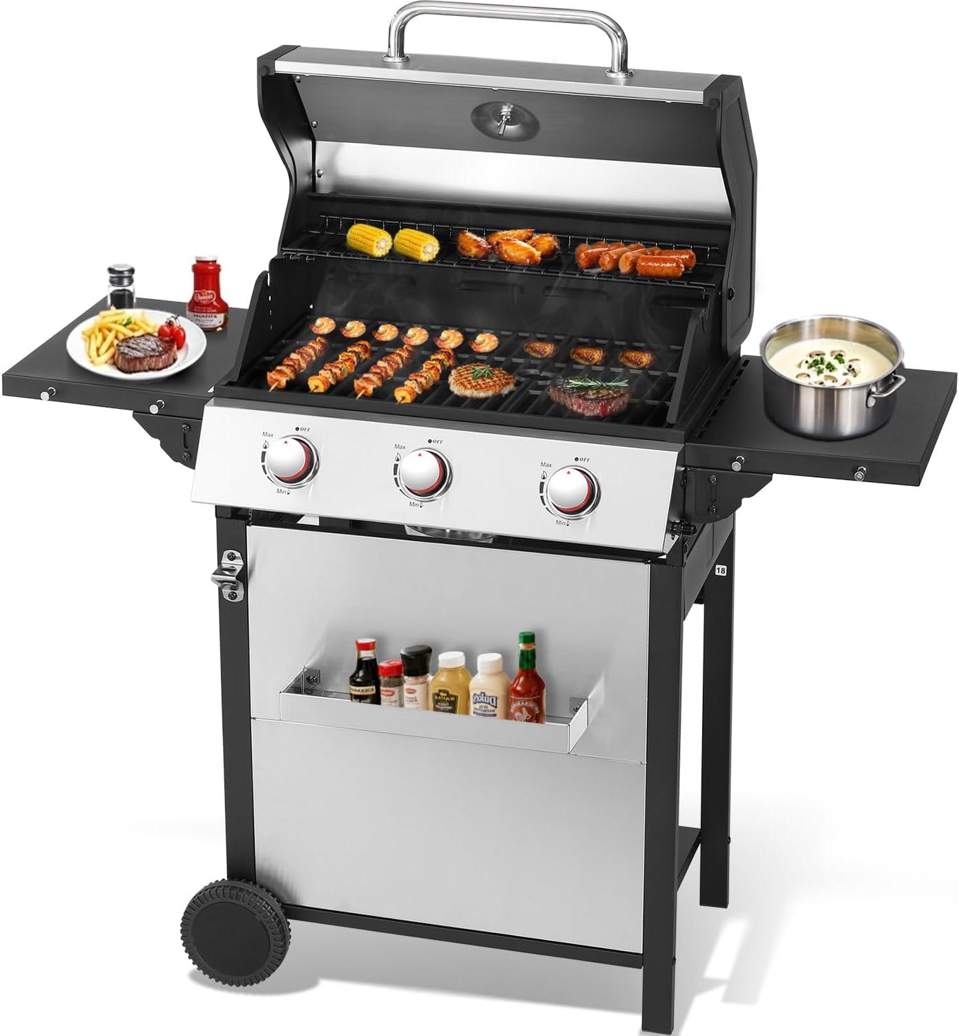 3-Burner Propane Gas Grill with 2 Folding Sides, BBQ Grill with Wheels, Double-layer Stainless Steel Lid & Cast Iron Grates 30,000 BTU for Outdoor Backyard Patio