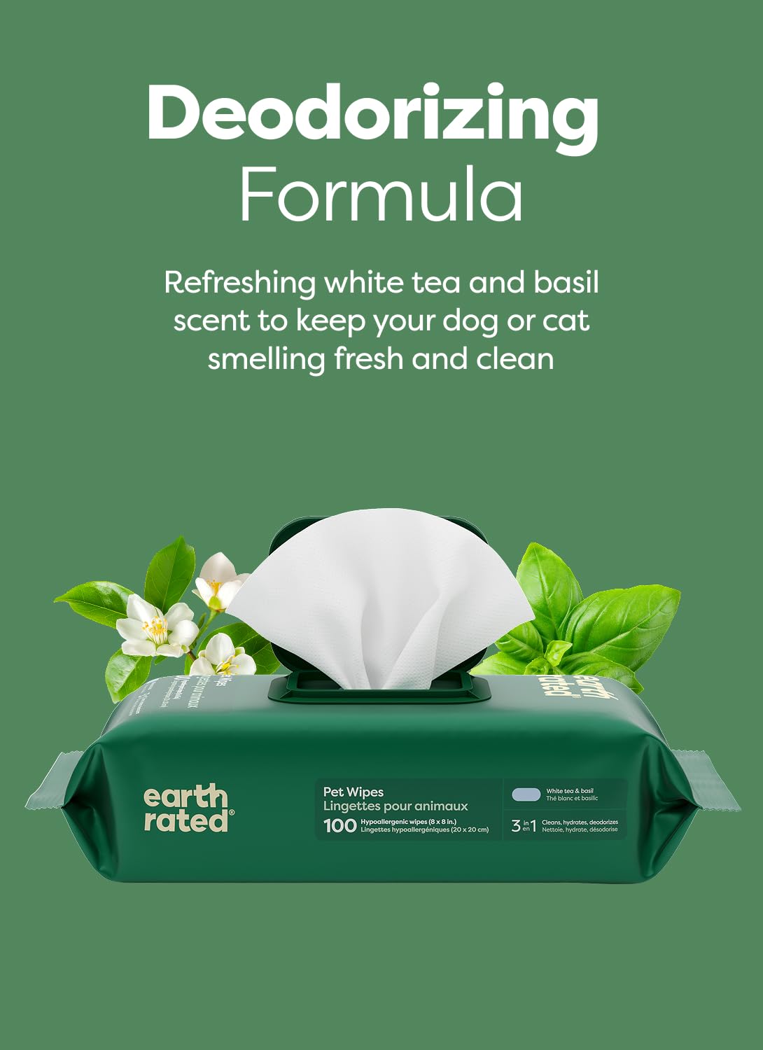 Earth Rated Toallitas para mascotas para perros y gatos, hipoalergénicas, limpieza 3 en 1, desodorizante e hidratante, para las patas de aseo, cuerpo y trasero, nuevo té blanco y albahaca escente, 400