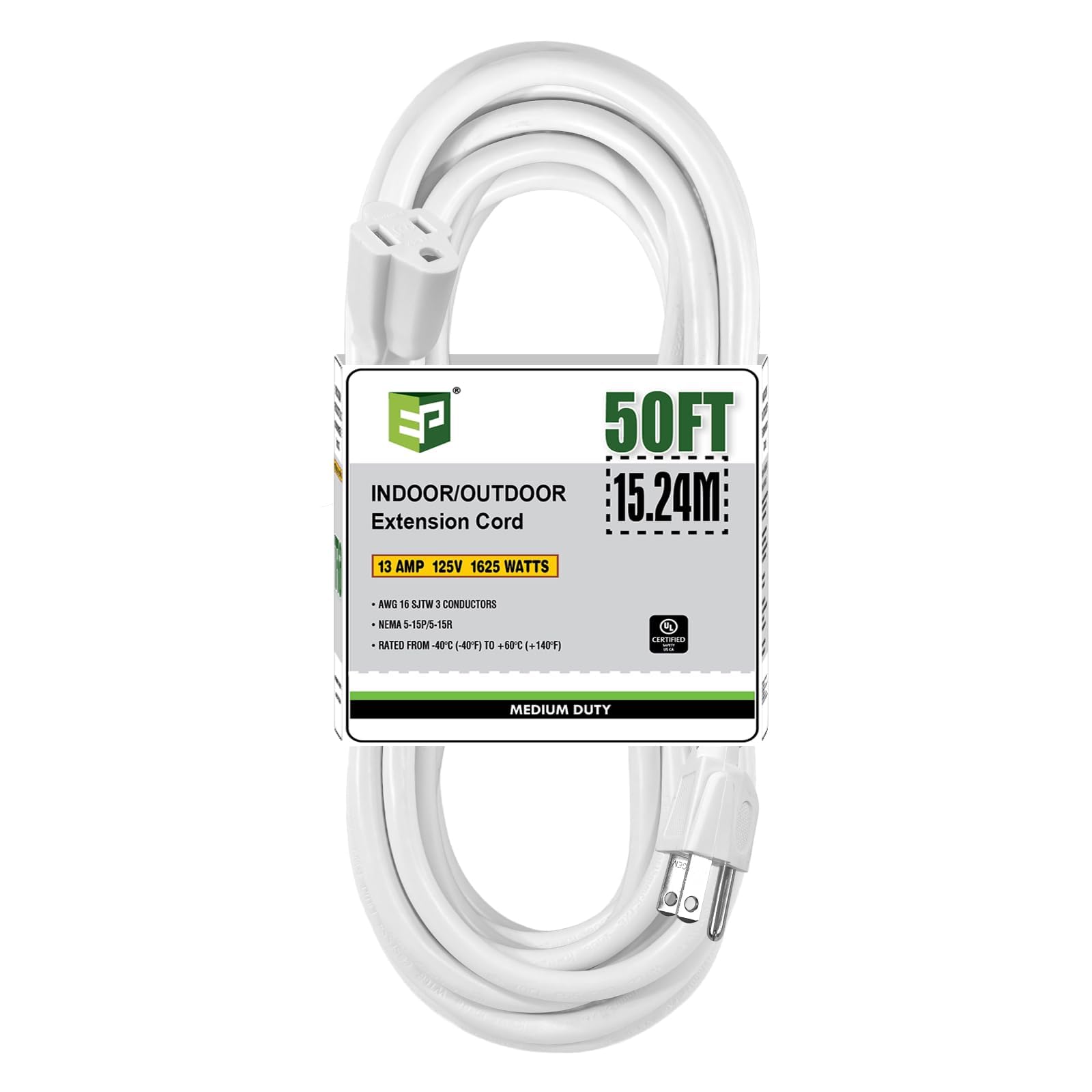 EP 50 FT Outdoor Extension Cord, 16/3 SJTW Heavy Duty White, ETL Listed