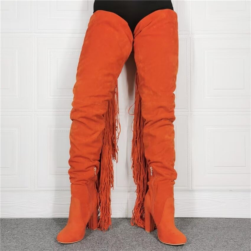 Frankie Hsu Sexy Orange Tassel Chunky Over The Knee Boots, Faux Suede Leather Classic Thigh High Style, Fashion Large Big Size Block Heels Long Shoes For Women3