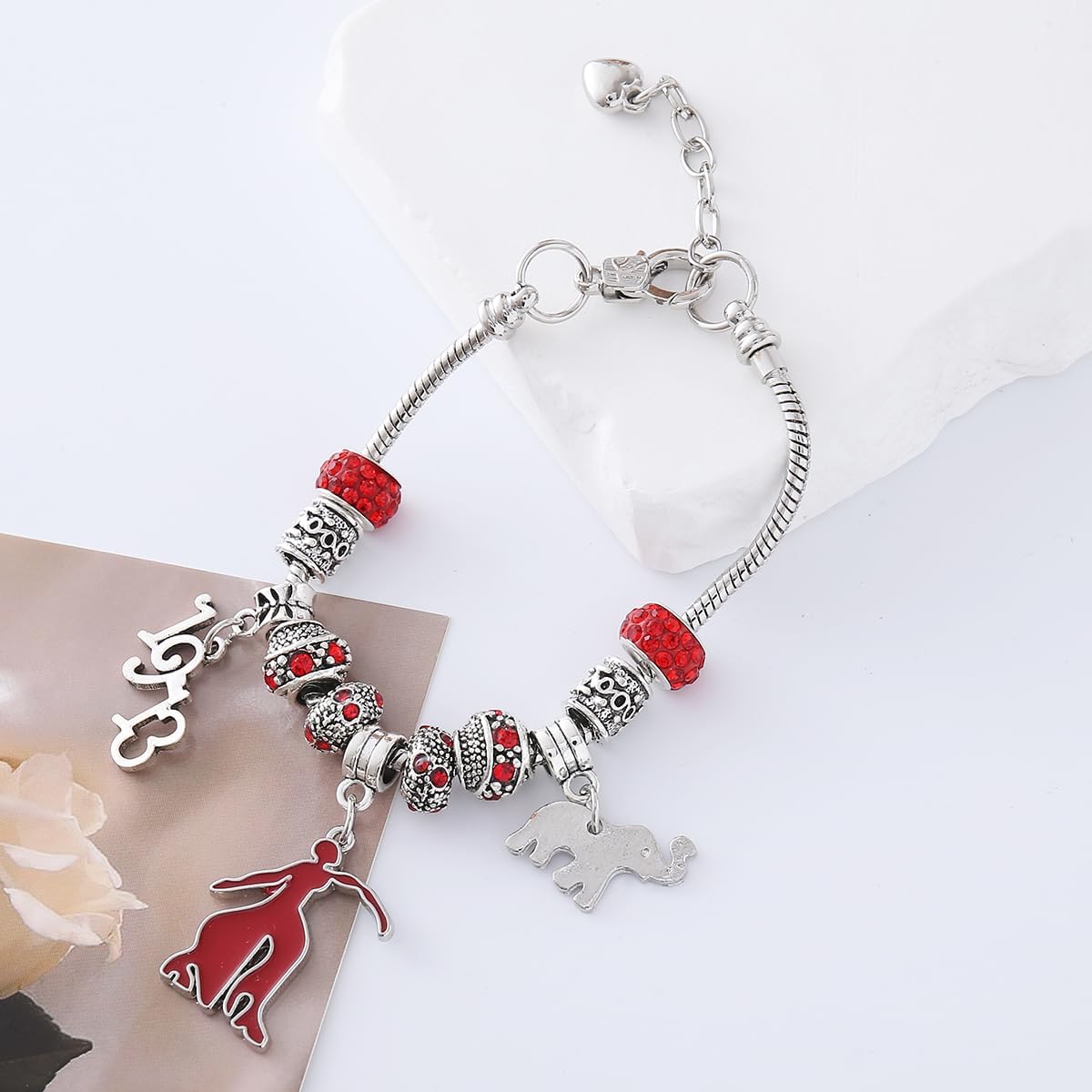 Sorority Jewelry Metal Red Beads Greek Elephant Fortitude Charm 1913 Bracelet For Lady Community Club Member Gifts