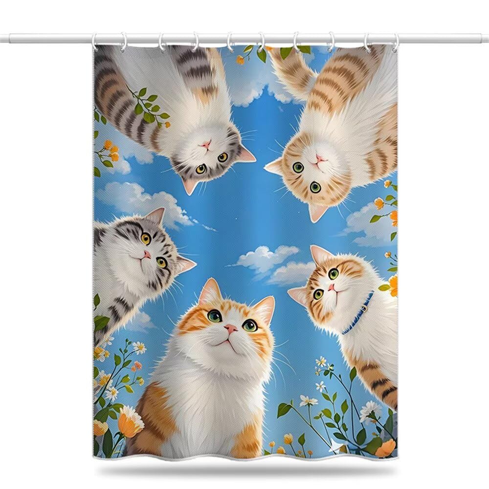 Yifeiyanyfy Blue Sky Shower Curtain Mould & Mildew Resistant Cat Shower Curtains For Bathroom 100Cm X 200Cm Drop, Washable Waterproof Polyester Bath Curtain With Hooks And Weighted Hem 39 X 79 Inch (Lb1673)