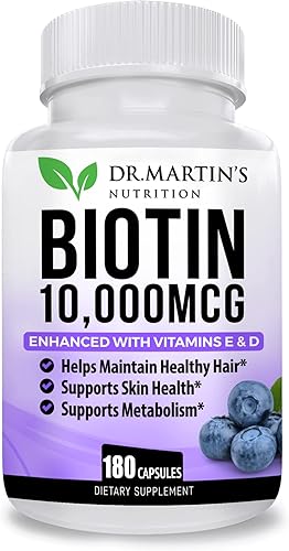 Potente biotina (vitamina B7) 10,000 mcg con suplemento de vitaminas D y E  180 unidades  Cabello, piel y uñas  Para un crecimiento del cabello más disponible en Yaxa Colombia