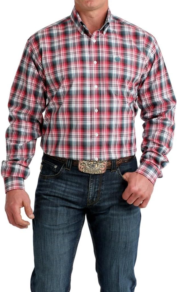 Cinch Men's Red & Black Plaid Long Sleeve Shirt