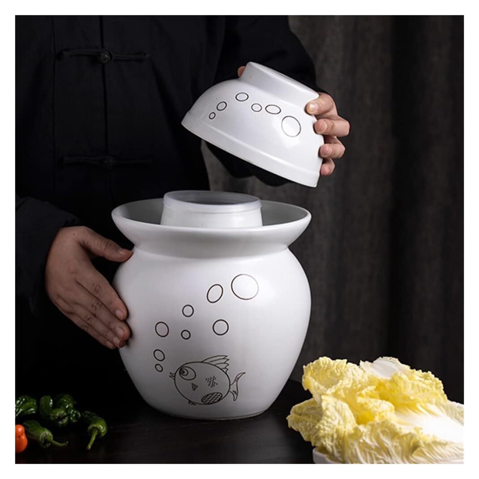 Keramisches Einmachglas, Fermentationsgefäß, Home Fermentationsglas aus Keramik mit wasserdichtem Gärdeckel – perfekt for Einlegen von Kimchi und Sauerkraut
