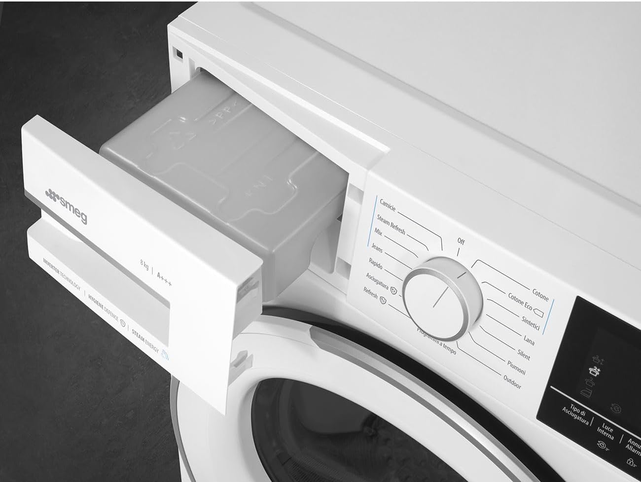 Close-up of the Smeg DN83SE dryer's control panel.