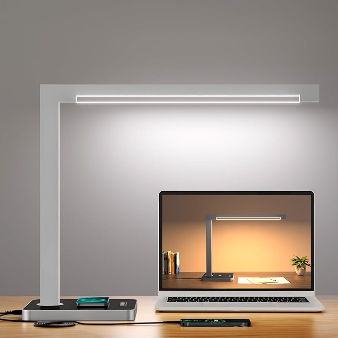 Hengsense Aluminum LED Desk Lamp with Charging Station, 15W Smart Table Lamp with Type-C Ports & 4 Color Temperature Modes(3000K-6000K), Dimmable Reading Light for Home Office,Bedroom (Includes Adapter)