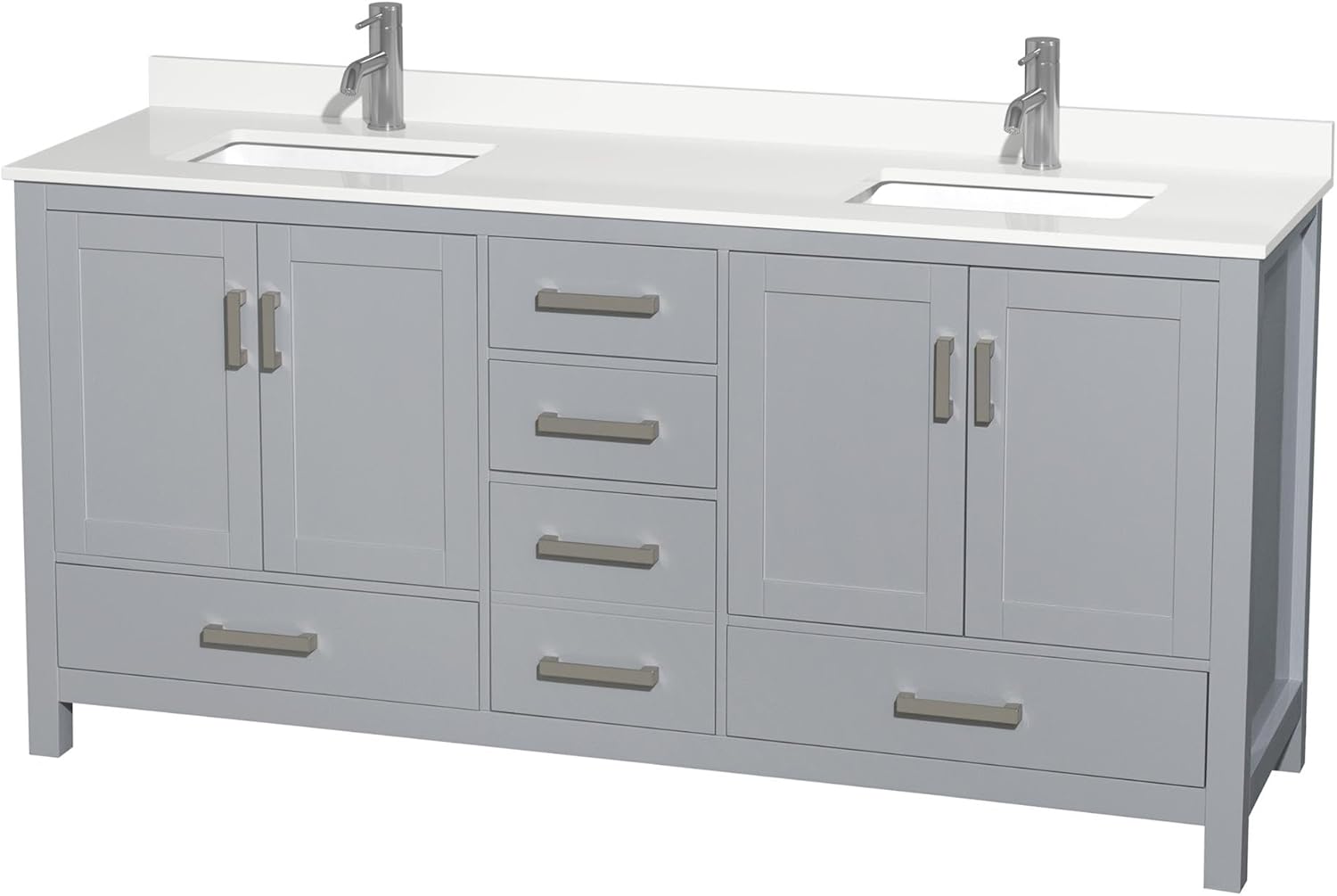 Wyndham Collection Sheffield 72 Inch Double Bathroom Vanity in Gray, White Quartz Countertop, Undermount Square Sinks