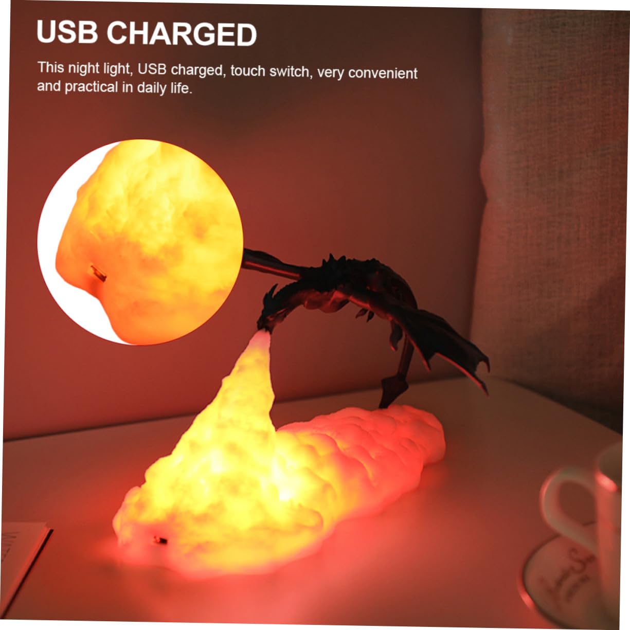 Ipetboom Lampe 3d Dragon en Pla Lumière LED Tactile et Recharge Usb, Veilleuse Décorative pour Anniversaire Garçon et Filles et Décoration de Fête