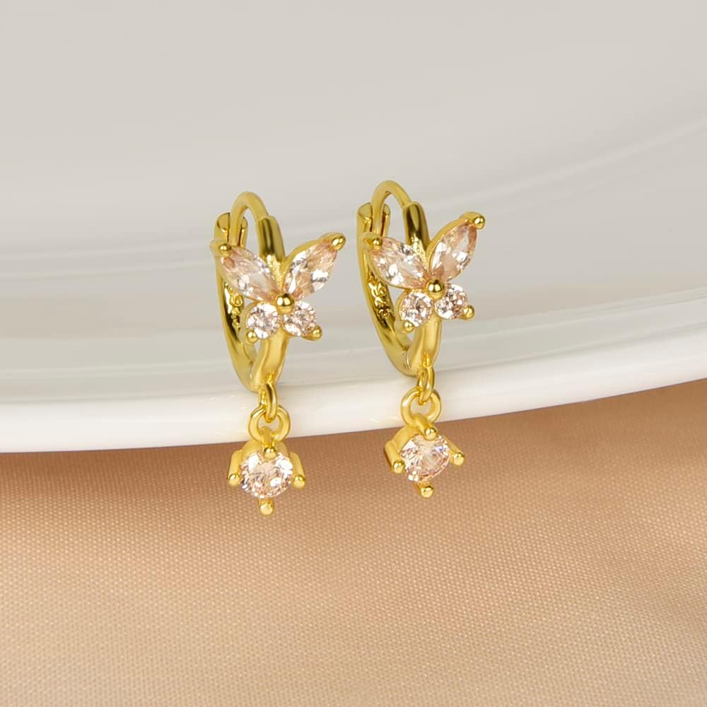 Mini Huggie Hoop Earrings With Dangle Charm 925 Sterling Silver Gold Tiny Small Cz Cubic Zirconia Butterfly Flower Dangling Hoop Earrings