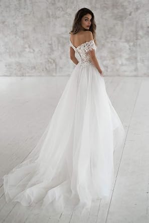 Amazon.com: yipeisha Elegantes vestidos de novia con hombros descubiertos,  tul suave, vestidos de novia de encaje en línea A : Ropa, Zapatos y Joyería