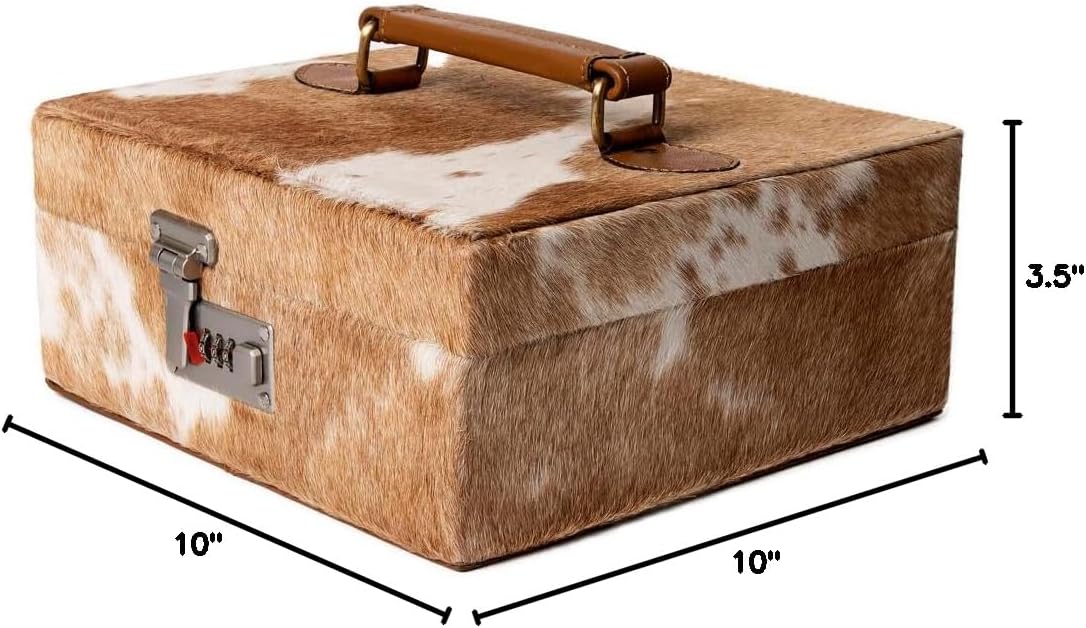 American Darling Jewelry case for Women - Hair-On Cowhide Genuine Leather Travel Organizer with Lock & Top Handle