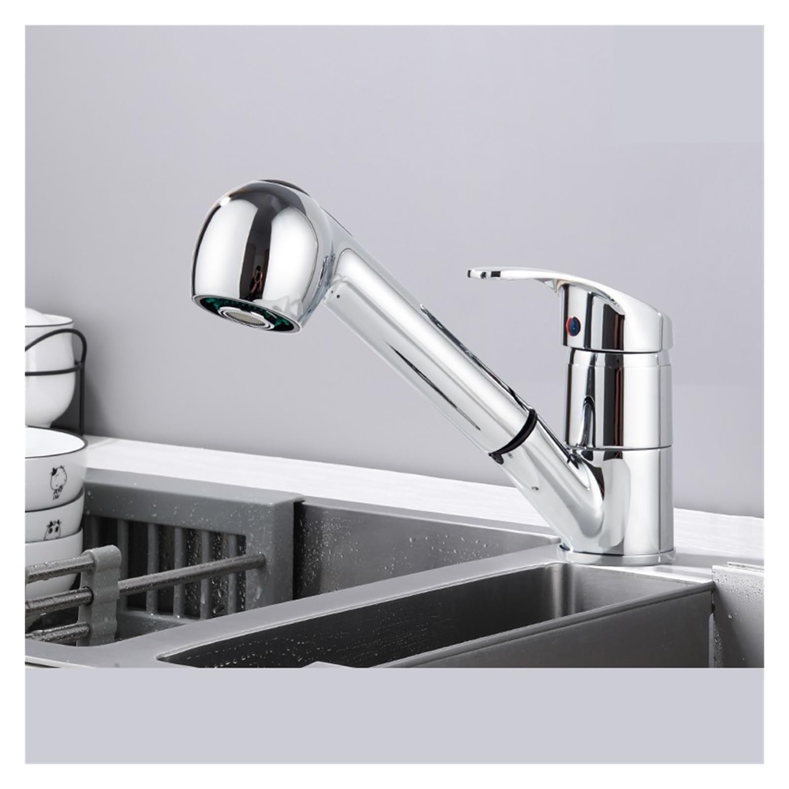 Mitigeur d'évier à bec rétractable chromé monotrou pour cuisine moderne