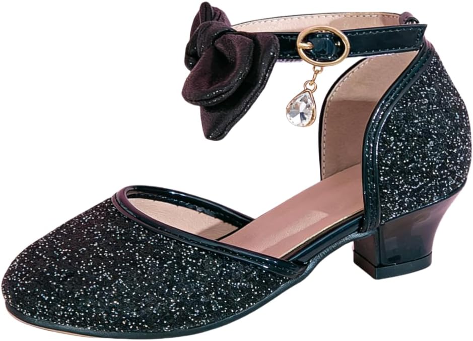Girls Low Heels Glitter Sequin Princess Dress Shoes Ankle Strap Bowknot Sparkle Mary Jane Pumps Wedding Party