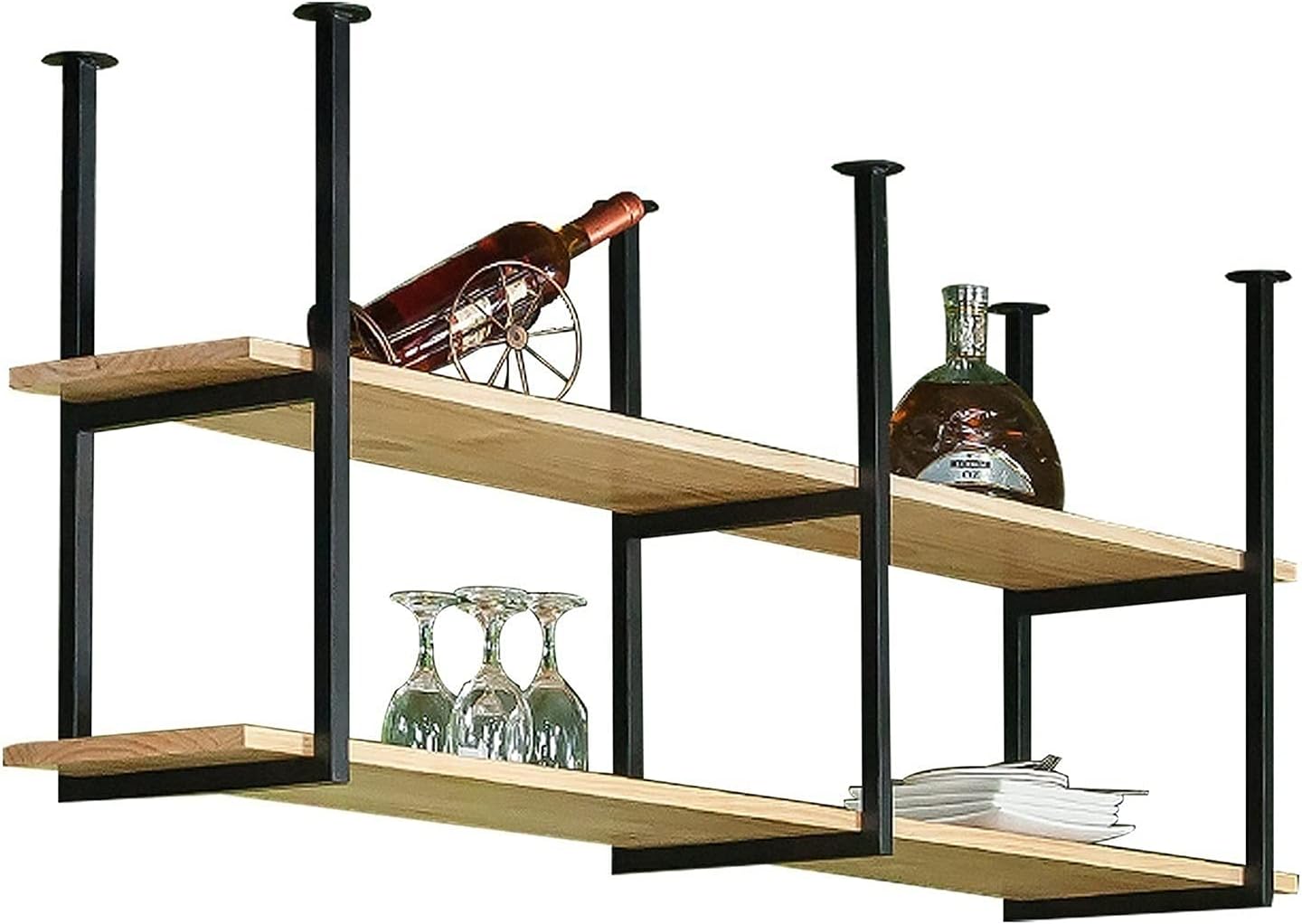 Ceiling Shelf Industrial Ceiling Shelves Iron Hanging Storage Racks Black 2 Tier Used for Red Wine/Glass/Book/Flower Pot Wine Rack Easy to Install (80 * 30 * 60cm)